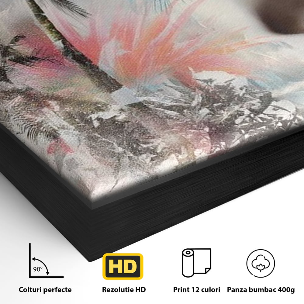 Detaliu al suprafetei: tablou canvas cu portret feminin si palmieri, in rama de aluminiu negru